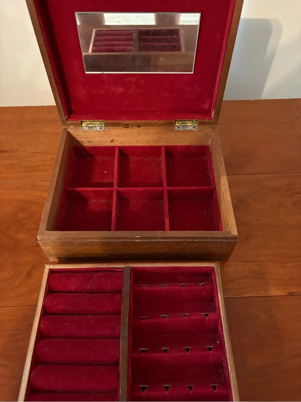 Wooden Jewelry Box Tapestry Lid Red Velvet Mirror Organizer Japan